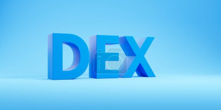 Photo for Big DEX letters on blue background, side view wide format. Decentralized exchange and application. Concept of internet banking and e-business. 3D rendering illustration - Royalty Free Image