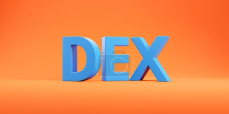 Photo for Big DEX letters on orange background, wide format. Decentralized exchange and cryptocurrency. Concept of internet banking and blockchain. 3D rendering illustration - Royalty Free Image