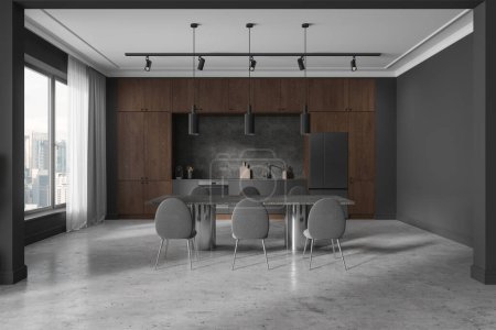 Foto de Interior de la cocina de casa oscura con mesa y sillas, armario con fregadero, horno y nevera. Ventana panorámica de los rascacielos Kuala Lumpur. Renderizado 3D - Imagen libre de derechos