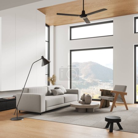Foto de Esquina de la moderna sala de estar con paredes blancas, suelo de madera, cómodo sofá blanco y sillón de pie en la alfombra cerca de la mesa de centro redonda. renderizado 3d - Imagen libre de derechos