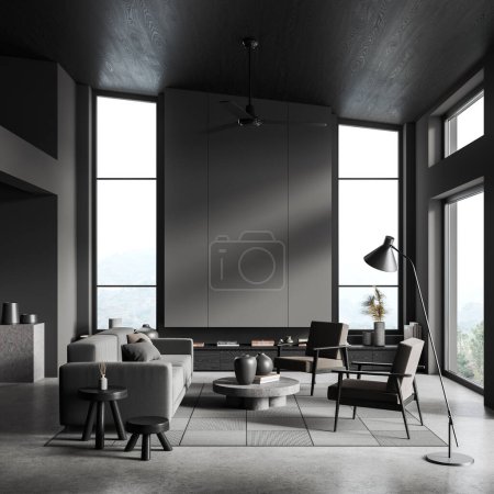 Photo for Dark relax room interior with sofa and armchairs, coffee table with wooden sideboard with carpet on grey concrete floor. Chill place with panoramic window on countryside. 3D rendering - Royalty Free Image