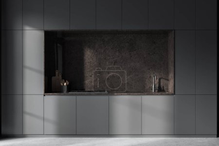 Photo for Interior of stylish kitchen with gray walls, concrete floor, cozy gray cupboards and comfortable cabinets with built in sink and cooker. 3d rendering - Royalty Free Image