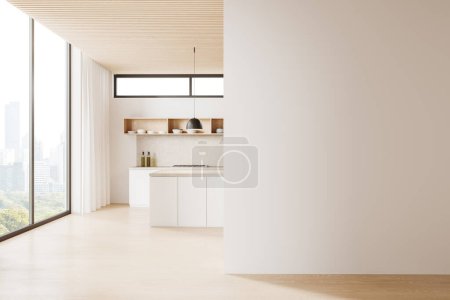 Foto de Casa de lujo interior de la cocina con barra de mostrador y estantes, piso de madera. Espacio de cocina ligero en apartamento moderno con ventana panorámica a Nueva York. Mockup partición de pared vacía. Renderizado 3D - Imagen libre de derechos