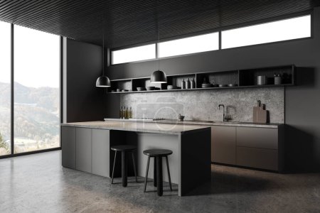 Photo for Corner of stylish kitchen with gray walls, concrete floor, comfortable gray cabinets with built in cooker and sink, cozy shelves hanging above them and gray island with stools. 3d rendering - Royalty Free Image