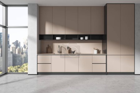 Photo for Interior of modern kitchen with white and beige walls, concrete floor, beige cupboards and cabinets with built in cooker and sink. 3d rendering - Royalty Free Image