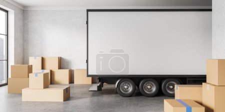 Foto de Copia burlona furgoneta de reparto de espacio en una casa, cajas de cartón en el suelo cerca de la ventana. Concepto de mudanza, traslado y servicio de mensajería. Ilustración de representación 3D - Imagen libre de derechos