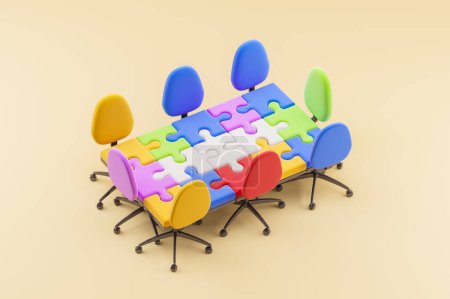 Téléchargez les photos : Vue de dessus de chaises de bureau colorées, pièces de puzzle assorties sur fond beige. Concept de conférence, d'accord mutuel et de travail d'équipe. Illustration de rendu 3D - en image libre de droit