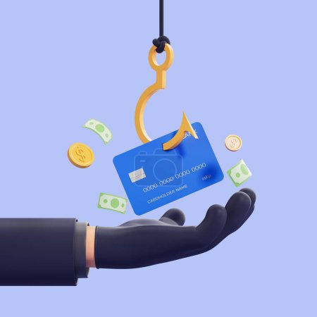 Photo for Hand of thief in black glove holding credit card hanging on hook over purple background. Concept of bank scamming and money theft. 3d rendering - Royalty Free Image
