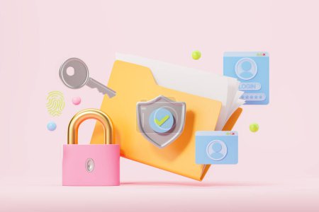 Photo for Folder with documents under protection, shield lock with tick. Padlock and web page with login and password. Concept of personal account, data protection and safety. 3D rendering illustration - Royalty Free Image