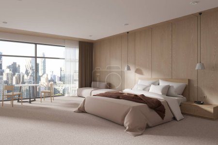 Photo for Corner of modern bedroom with white and wooden walls, carpeted floor, comfortable king size bed, beige sofa and round table with chairs. 3d rendering - Royalty Free Image