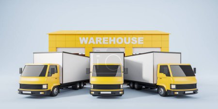 Foto de Tres camiones en fila cerca del almacén amarillo, entrega de pedidos desde el mercado. Concepto de logística, envío y carga de mercancías. Prepara espacio para copias. Ilustración de representación 3D - Imagen libre de derechos
