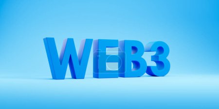 Big web3 letters on wide format blue background. Next generation of world wide web. Concept of decentralized information and distributed social network. 3D rendering illustration