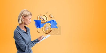 Photo for Woman finger touch tablet screen, gold dollar and yen or yuan coins with blue arrow on copy space empty orange background. Concept of mobile banking, money exchange and transaction - Royalty Free Image