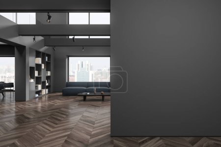 Photo for Interior of stylish living room with gray walls, dark wooden floor, comfortable gray couch standing near wooden coffee table and gray bookcase. Copy space wall on the left. 3d rendering - Royalty Free Image