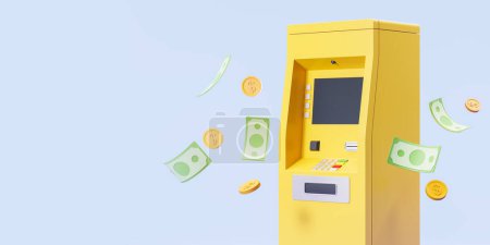 Photo for Yellow ATM machine with green banknotes and dollar coins flying, light blue empty background. Concept of money transfer, exchange and cash out. 3D rendering illustration - Royalty Free Image