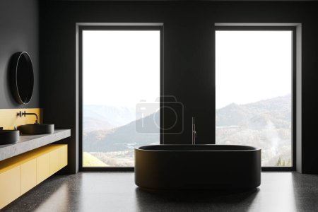 Photo for Interior of stylish bathroom with gray and yellow tiled walls, concrete floor, comfortable gray bathtub standing near windows and double sink with round mirrors. 3d rendering - Royalty Free Image
