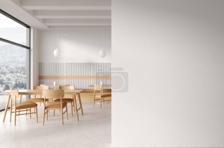 Foto de Interior de restaurante moderno con paredes blancas, suelo de hormigón, sofá acogedor y mesas cuadradas y rectangulares con sillas. Copia la pared del espacio a la derecha. renderizado 3d - Imagen libre de derechos