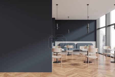 Photo for Dark blue cafe interior with chairs and eating table in row, hardwood floor. Stylish bar or coffee shop with sofa and panoramic window on skyscrapers. Mockup copy space wall partition. 3D rendering - Royalty Free Image