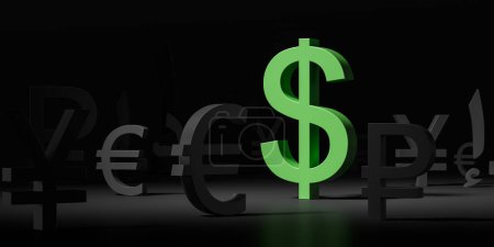 Téléchargez les photos : Grande monnaie du dollar vert avec d'autres symboles d'argent des pays noirs. Concept d'échange, de finance, d'économie et de transaction. Illustration de rendu 3D - en image libre de droit