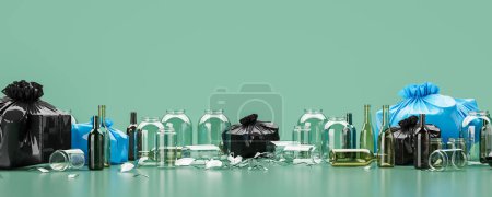 Photo for Plastic bags and row of glass jars, bottles and fragments on empty copy space green background. Concept of recycling and reusing. 3D rendering illustration - Royalty Free Image