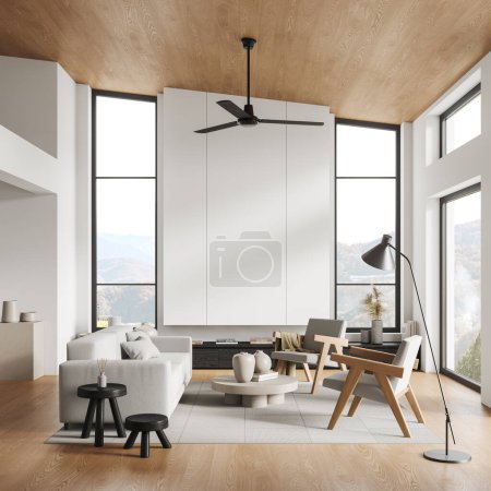 Photo for Wooden and white living room interior with sofa and armchairs, coffee table and sideboard on carpet, hardwood floor. Meeting or relaxing place with panoramic window on countryside. 3D rendering - Royalty Free Image