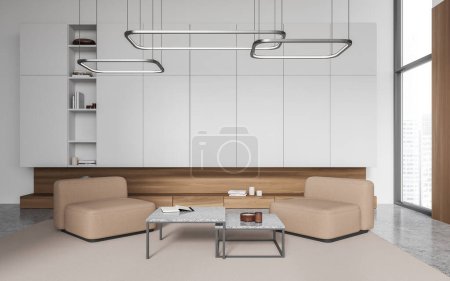 Foto de Interior de la moderna sala de estar con paredes blancas, suelo de hormigón y dos cómodos sillones beige de pie cerca de mesas de café cuadradas. renderizado 3d - Imagen libre de derechos