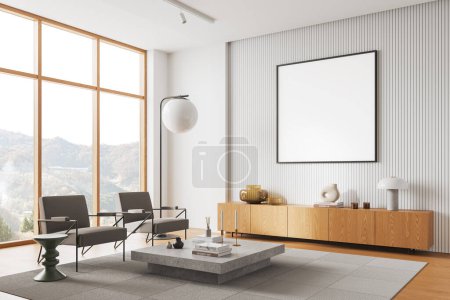 Photo for Corner of modern living room with white walls, wooden floor, two cozy gray armchairs standing near coffee table and square mock up poster hanging above dresser. 3d rendering - Royalty Free Image