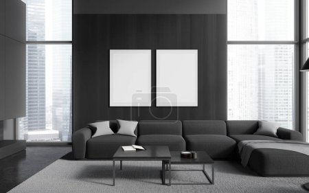 Photo for Interior of stylish living room with gray and dark wooden walls, concrete floor, cozy gray couch standing near two square coffee tables and two vertical mock up posters. 3d rendering - Royalty Free Image