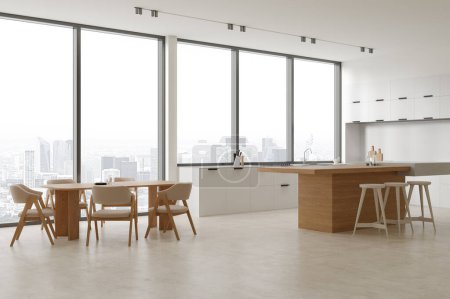 Photo for Elegant home kitchen interior with bar island, side view dining table and cooking cabinet on light concrete floor. Panoramic window on Paris skyscrapers. 3D rendering - Royalty Free Image