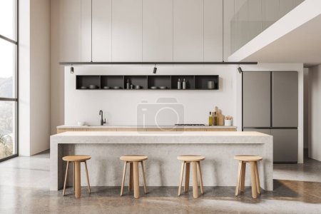 Photo for Beige hotel kitchen interior with stone bar counter, cooking space with shelf and fridge. Stylish minimalist dining space with panoramic window on countryside. 3D rendering - Royalty Free Image