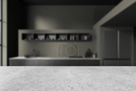 Foto de Encimera de piedra vacía sobre fondo borroso de interior de cocina oscura, fregadero y utensilios de cocina con estante. Simular espacio de copia para la visualización del producto. Renderizado 3D - Imagen libre de derechos