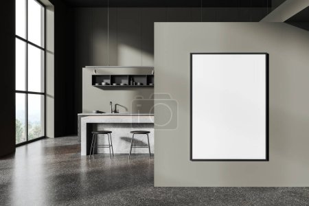 Téléchargez les photos : Intérieur de cuisine sombre avec comptoir de bar et tabouret. Espace de cuisson avec étagère, évier et ustensiles de cuisine. Affiche en toile maquillée sur cloison murale grise. rendu 3D - en image libre de droit
