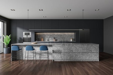 Photo for Interior of stylish kitchen with gray walls, wooden floor, cozy gray cupboards and cabinets with built in oven and fridge and comfortable island with stools. 3d rendering - Royalty Free Image