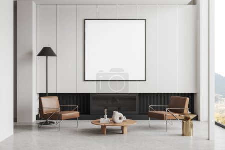 Photo for White home living room interior with two armchairs, fireplace and coffee table with decoration on concrete floor. Panoramic window on countryside. Mock up blank square poster. 3D rendering - Royalty Free Image