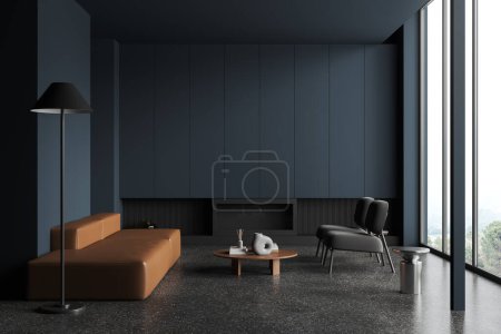 Téléchargez les photos : Salon intérieur bleu foncé avec canapé et fauteuils, cheminée et table basse avec décoration, lampe au sol en granit gris. Fenêtre panoramique sur campagne. rendu 3D - en image libre de droit