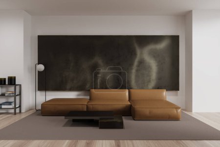 Foto de Interior de la moderna sala de estar con paredes blancas, suelo de madera, cómodo sofá de cuero de pie en la alfombra gris cerca de la mesa de centro. renderizado 3d - Imagen libre de derechos