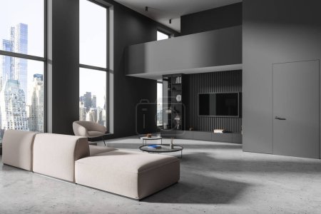 Foto de Interior de la elegante sala de estar con paredes grises, suelo de hormigón, cómodo sofá blanco, sillón acogedor y televisor en la pared. renderizado 3d - Imagen libre de derechos