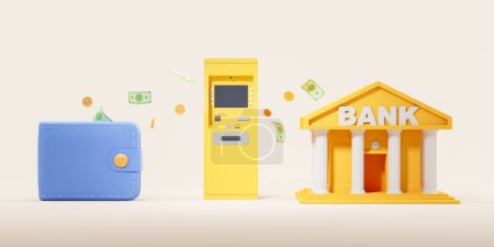 Photo for Wallet, ATM machine and bank house with money flying on beige background, banknotes and coins. Concept of money flow, exchange and economy. 3D rendering illustration - Royalty Free Image