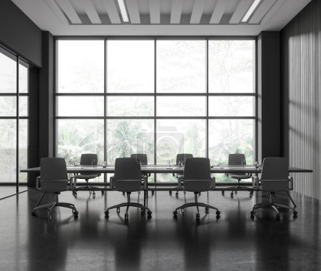 Photo for Interior of modern meeting room with gray and dark wooden walls, concrete floor, long conference table with gray chairs and panoramic window with tropical view. 3d rendering - Royalty Free Image