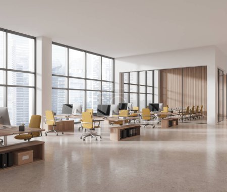 Foto de Esquina de la moderna oficina de espacio abierto con paredes blancas y de madera, suelo de hormigón, filas de escritorios informáticos con sillas amarillas y sala de reuniones de pared de vidrio en el fondo. renderizado 3d - Imagen libre de derechos
