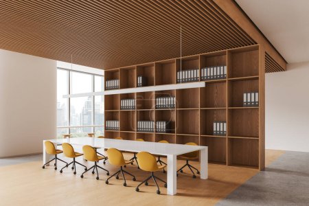 Photo for Corner view of conference interior with board and yellow chairs, shelf with documents on hardwood floor. Panoramic window on New York skyscrapers. 3D rendering - Royalty Free Image
