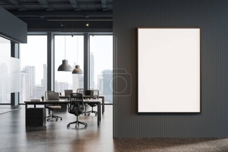 Photo for Dark coworking interior with armchairs, desk with laptop on grey granite floor. Panoramic window on Bangkok skyscrapers. Mock up canvas poster on partition. 3D rendering - Royalty Free Image