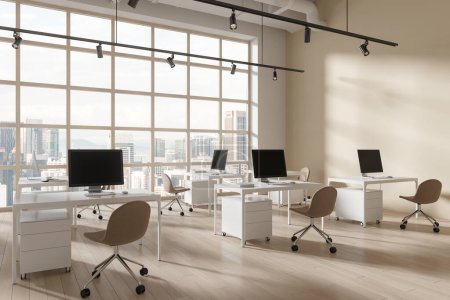 Photo for Cozy coworking interior with chairs and desk with drawer in row, side view hardwood floor. Modern corporate office corner with panoramic window on Kuala Lumpur skyscrapers. 3D rendering - Royalty Free Image