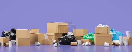 Foto de Cajas de cartón y montones de basura de papel recogidos para la recogida de residuos separados sobre fondo púrpura. renderizado 3d - Imagen libre de derechos