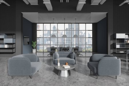 Photo for Dark office room interior with glass conference room, waiting space with armchairs. Shelf with decoration and panoramic window on Bangkok skyscrapers. 3D rendering - Royalty Free Image