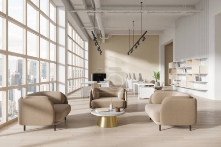 Foto de Interior de la moderna oficina de espacio abierto con paredes blancas y beige, suelo de madera, escritorios de ordenador compactos y cómodos sillones beige de pie en la sala de espera. renderizado 3d - Imagen libre de derechos
