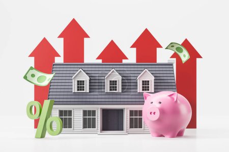 Photo for House with arrows pointing up, percent sign, piggy bank and dollar notes over white background. Concept of rising house prices and real estate market. 3d rendering - Royalty Free Image