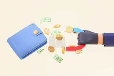 Foto de Mano de ladrón en guante negro sosteniendo imán atrayendo dinero de la cartera azul sobre fondo beige. Concepto de robo y crimen. renderizado 3d - Imagen libre de derechos