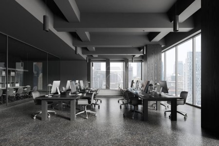 Photo for Interior of stylish open space office with gray walls, wooden columns, concrete floor and rows of wooden computer desks with chairs. 3d rendering - Royalty Free Image