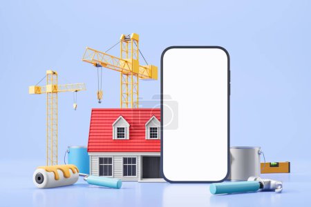 Photo for Large smartphone display, crane and house with tools for modernization or construction. Concept of hardware store, mobile app and online shopping. 3D rendering illustration - Royalty Free Image